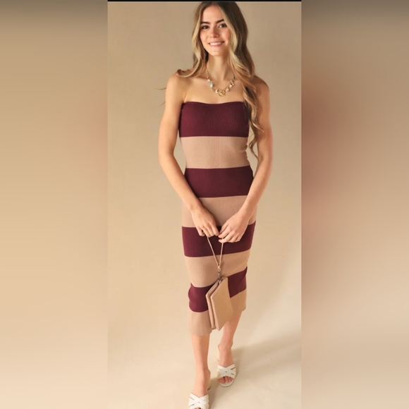 Le Lis Wine & Taupe Strapless Bodycon Dress With Back Slit- Cocktail - Picture 10 of 12